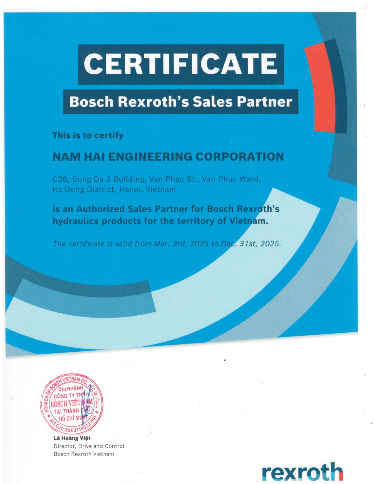 Chứng nhận Nam Hải là Đại lý Rexroth tại Việt Nam