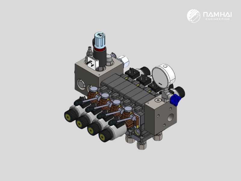 Một khối van tích hợp cả van gạt tay và các loại van cơ, van điện khác