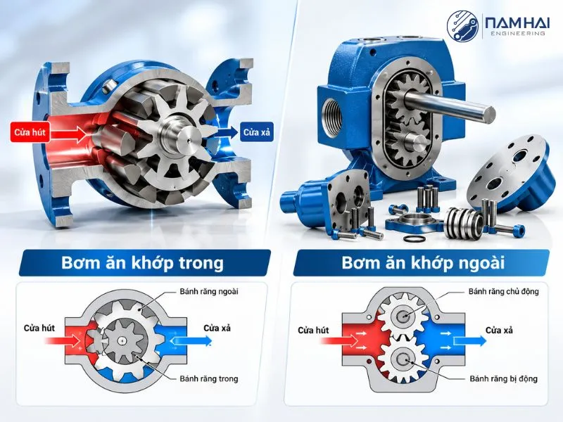 Sự khác nhau về cấu tạo của 2 loại bơm bánh răng ăn khớp trong và ngoài
